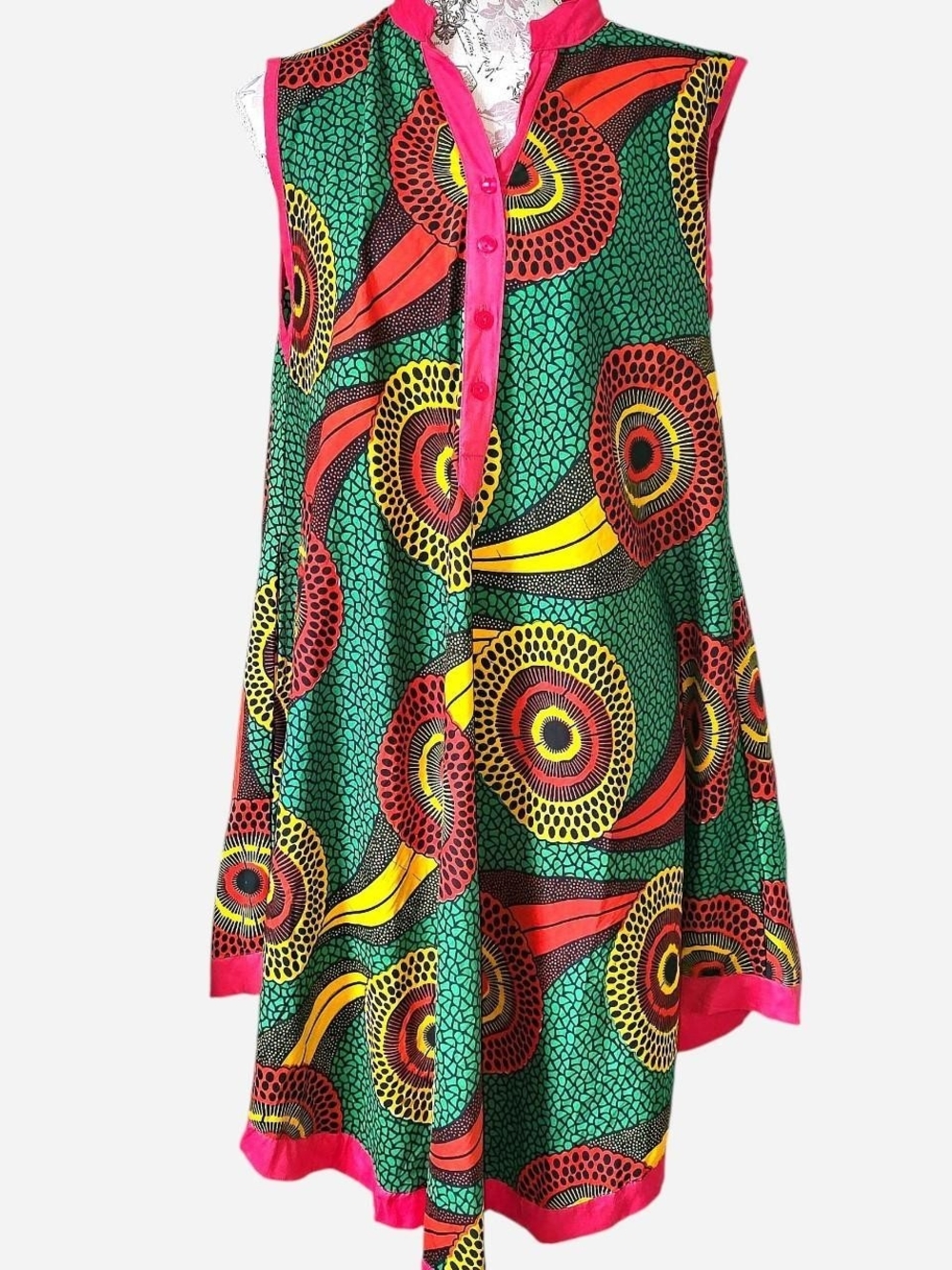 Sleeveless African Print Swing Dress in Green, Orange, Pink & Yellow